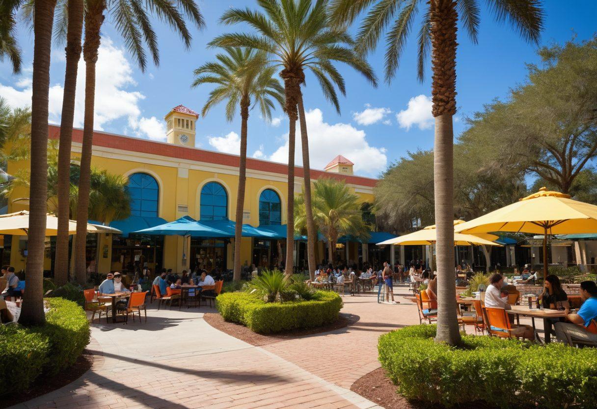 A vibrant campus scene at the University of Central Florida, showcasing diverse students studying under palm trees, a lively coffee shop, and iconic architecture. Include bright blue skies and active outdoor spaces with students engaged in discussions and activities. Integrate elements of both academic and social life to reflect the thriving atmosphere of university life. colorful and lively. super-realistic.