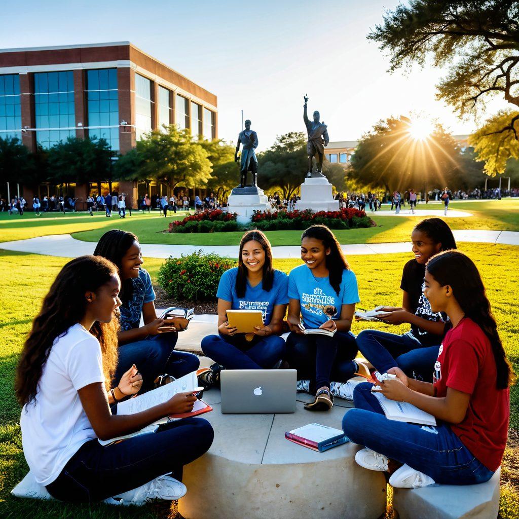 A vibrant scene of a diverse group of college students engaging in various activities on a university campus, surrounded by books, laptops, and coffee cups. Showcase iconic elements of UCF, like the Knight statue or campus architecture in the background. Include a bright sun setting, symbolizing new beginnings and opportunities. Capture the essence of collaboration, friendship, and academic life. super-realistic. vibrant colors. dynamic composition.