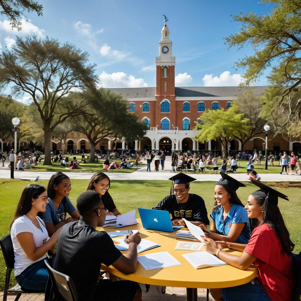 A vibrant campus scene showcasing a diverse group of UCF students engaging in various activities like studying, socializing, and participating in events. Include iconic UCF landmarks in the background and elements representing scholarships like books and graduation caps. Capture the energy of student life with bright colors and dynamic poses. super-realistic. vibrant colors. 3D.
